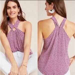 Maeve Anthropologie O-Ring Halter Top Size 4 Pink White Geometric Boho Chic